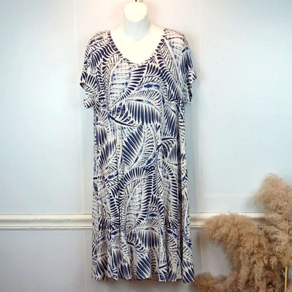 Tahari blue/ white  tropical palm print V neck cap sleeve midi flowy dress 1X - Picture 1 of 13
